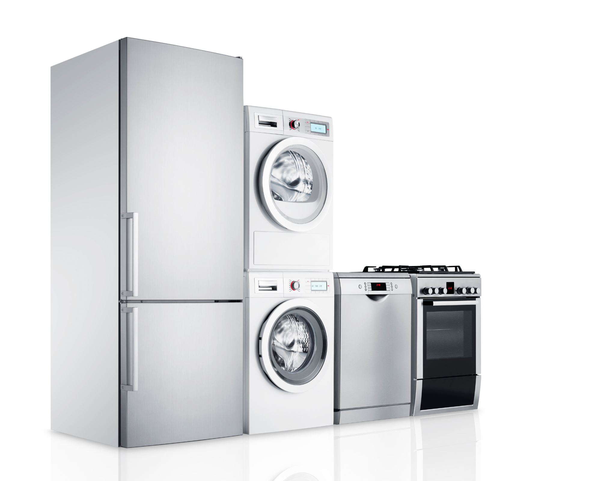 image of a refrigerator, washer and dryer, dishwasher, and oven/range