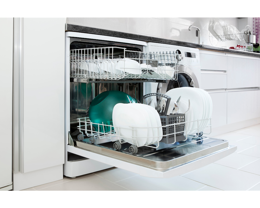 open dishwasher with clean dishes